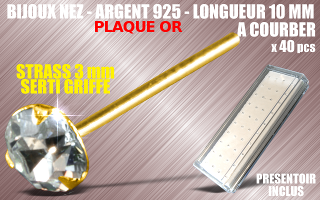 lot de 40 bijoux de nez argent 925 plaque Or a courber - 10 mm de long - strass cristal serti griffe 3 mm - presentoir acrylique inclus.