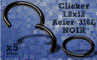 5 Anneaux clicker acier 316 Noir - 1.2x12 mm- ouverture et fermeture sans pince