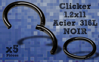 5 Anneaux clicker acier 316 Noir - 1.2x11 mm- ouverture et fermeture sans pince