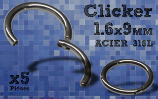 5 Anneaux clicker acier 316 - 1.6x9 mm- ouverture et fermeture sans pince