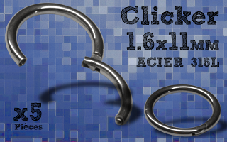 5 Anneaux clicker acier 316 - 1.6x11 mm- ouverture et fermeture sans pince