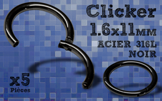 5 Anneaux clicker acier 316 noir - 1.6x11 mm- ouverture et fermeture sans pince