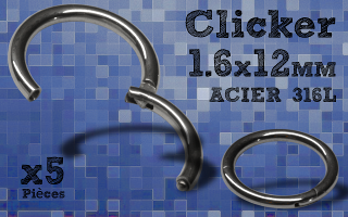 5 Anneaux clicker acier 316 - 1.6x12 mm- ouverture et fermeture sans pince