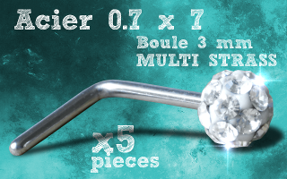 Lot de 5 bijou de Nez en L 0.7 x 7- acier - boule multistrass cristal