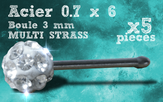 Lot de 5 bijou de Nez droit 0.7 x 6- acier - boule multistrass cristal