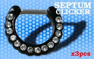 3 Clicker Septum Rodium Noir- barre acier 1.2 - Fermeture articulee