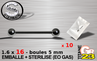 lot de 10 barbell tit. gr23 - 1.6 x 16 mm - boule 5mm - emballe individuellement - sterilise. mentions au dos du sachet : matiere du bijou - date de peremption - type de sterilisation
