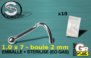 lot de 10 bijou de nez tit. gr23 - 1.0 x 7 mm - boule 2mm - emballe individuellement - sterilise. mentions au dos du sachet : matiere du bijou - date de peremption - type de sterilisation