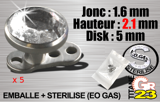 lot de 5 dermal tit. gr23 - 1.6 x 2.1 mm - disque 5mm - zircon serti - emballe individuellement - sterilise. mentions au dos du sachet : matiere du bijou - date de peremption - type de sterilisation