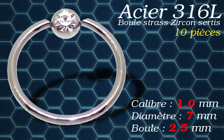 Bcr acier 316 L avec strass zircon serti 1.0 x 7 x 2.5