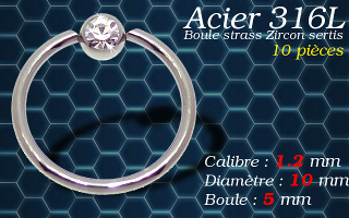 Bcr acier 316 L avec strass zircon serti 1.2 x 10 x 5