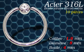 Bcr acier 316 L avec strass zircon serti 1.6 x 8 x 4