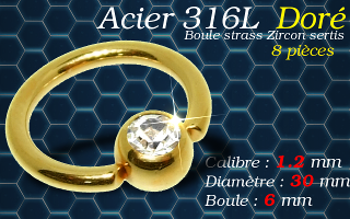 Bcr acier 316 L Dore avec strass zircon serti 1.2 x 30 x 6