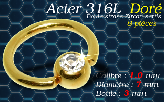 Bcr acier 316 L Dore avec strass zircon serti 1.0 x 7 x 3