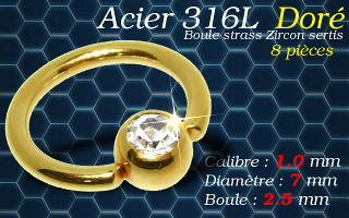 Bcr acier 316 L Dore avec strass zircon serti 1.0 x 7 x 2.5