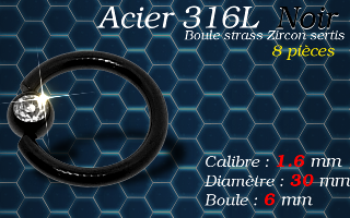Bcr acier 316 L Noir avec strass zircon serti 1.6 x 30 x 6