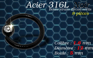 Bcr acier 316 L Noir avec strass zircon serti 1.6 x 12 x 5