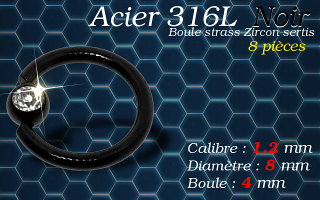 Bcr acier 316 L Noir avec strass zircon serti 1.2 x 8 x 4
