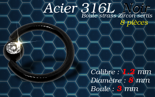 Bcr acier 316 L Noir avec strass zircon serti 1.2 x 8 x 3