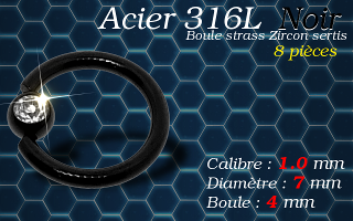 Bcr acier 316 L Noir avec strass zircon serti 1.0 x 7 x 4