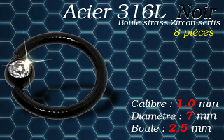 Bcr acier 316 L Noir avec strass zircon serti 1.0 x 7 x 2.5