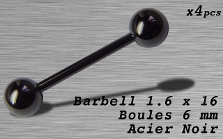 Barbell acier 1.6 x 16 - boule 6 mm - Acier Noir