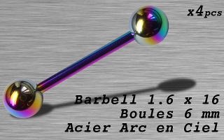 Barbell acier 1.6 x 16 - boule 6 mm - Acier Arc en ciel