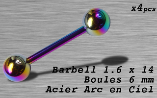 Barbell acier 1.6 x 14 - boule 6 mm - Acier Arc en ciel