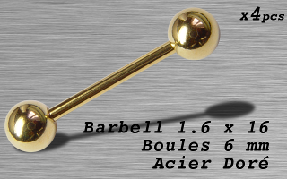 Barbell acier 1.6 x 16 - boule 6 mm - Acier Dore