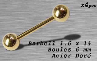Barbell acier 1.6 x 14 - boule 6 mm - Acier Dore
