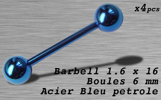 Barbell acier 1.6 x 16 - boule 6 mm - Acier Bleu petrole