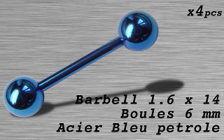 Barbell acier 1.6 x 14 - boule 6 mm - Acier Bleu petrole