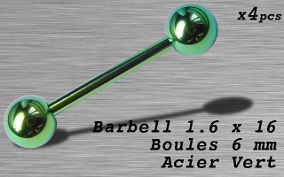 Barbell acier 1.6 x 16 - boule 6 mm - Acier Vert