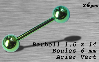 Barbell acier 1.6 x 14 - boule 6 mm - Acier Vert