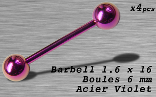 Barbell acier 1.6 x 16 - boule 6 mm - Acier Violet