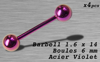 Barbell acier 1.6 x 14 - boule 6 mm - Acier Violet