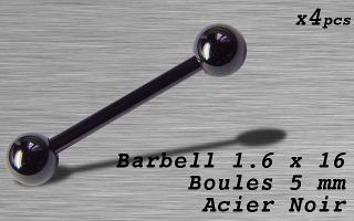 Barbell acier 1.6 x 16 - boule 5 mm - Acier Noir
