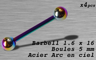 Barbell acier 1.6 x 16 - boule 5 mm - Acier Arc en ciel