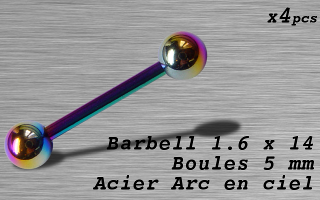 Barbell acier 1.6 x 14 - boule 5 mm - Acier Arc en ciel