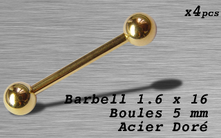 Barbell acier 1.6 x 16 - boule 5 mm - Acier Dore