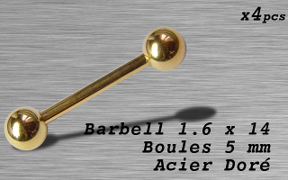 Barbell acier 1.6 x 14 - boule 5 mm - Acier Dore