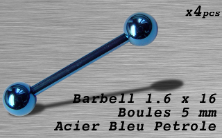 Barbell acier 1.6 x 16 - boule 5 mm - Acier Bleu petrole