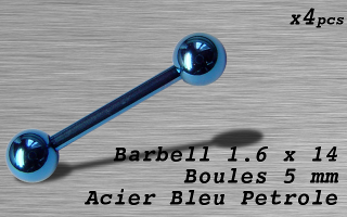 Barbell acier 1.6 x 14 - boule 5 mm - Acier Bleu petrole
