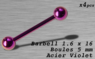 Barbell acier 1.6 x 16 - boule 5 mm - Acier Violet