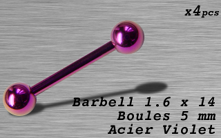 Barbell acier 1.6 x 14 - boule 5 mm - Acier Violet