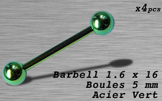 Barbell acier 1.6 x 16 - boule 5 mm - Acier Vert