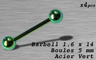 Barbell acier 1.6 x 14 - boule 5 mm - Acier Vert