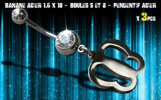 Bananes acier 1.6 x 10 - Boule 5 et 8 mm - strass cristal serti - logo Acier