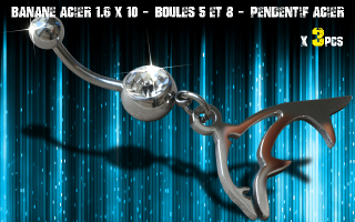 Bananes acier 1.6 x 10 - Boule 5 et 8 mm - strass cristal serti - logo Acier