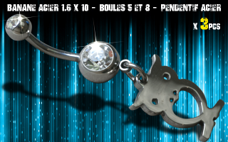 Bananes acier 1.6 x 10 - Boule 5 et 8 mm - strass cristal serti - logo Acier